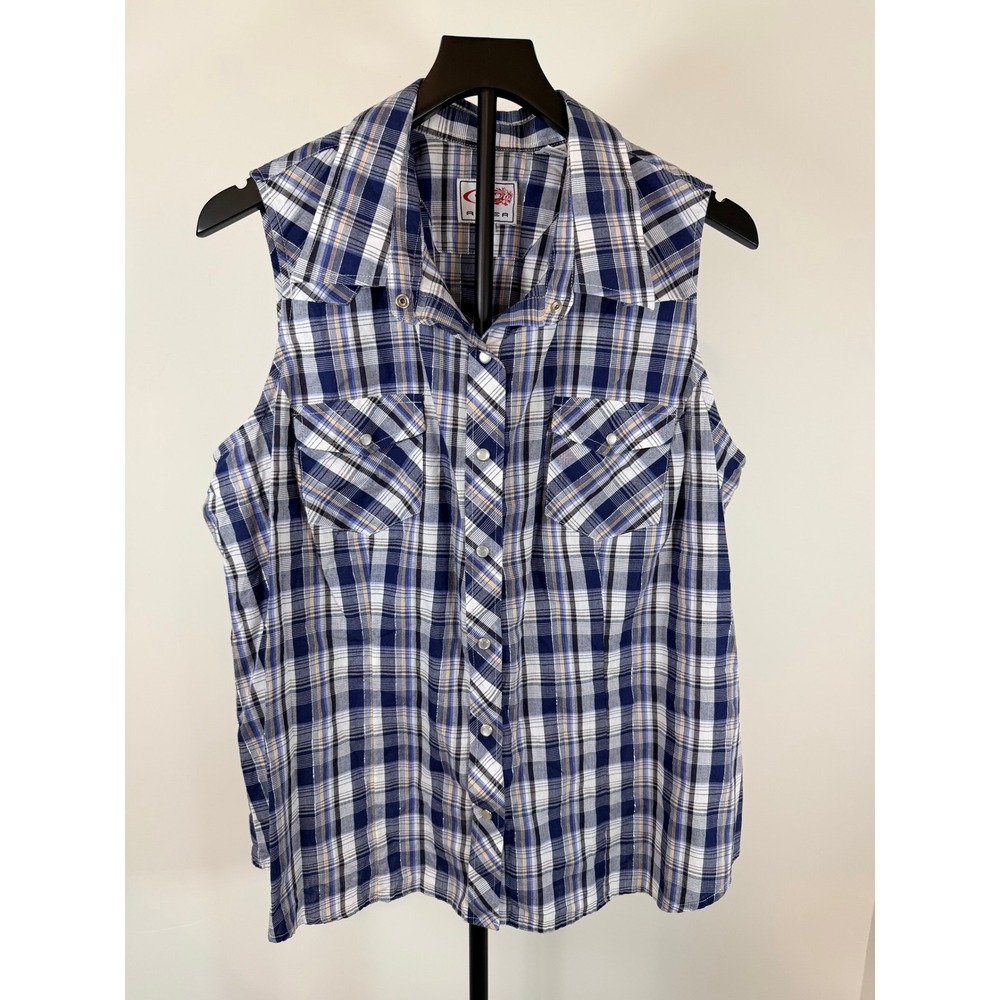 Roper Womens Blue Plaid Sleeveless Western Snap Button Shirt 2X 152-101-233BU